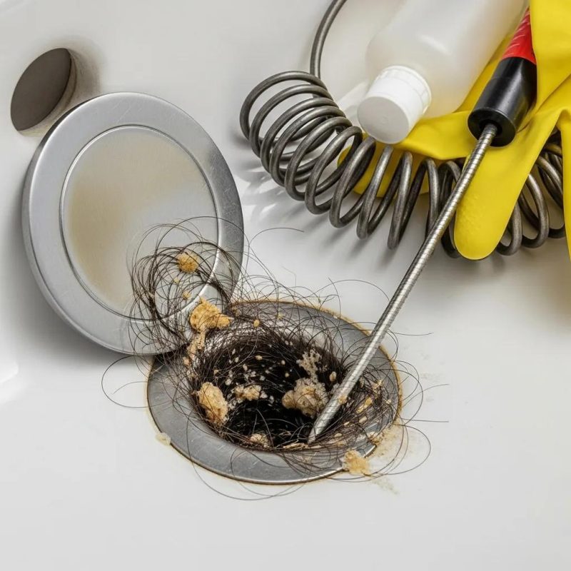 Close-up of a clogged drain with hair and debris, highlighting the need for professional drain cleaning services and maintenance in residential and commercial properties.