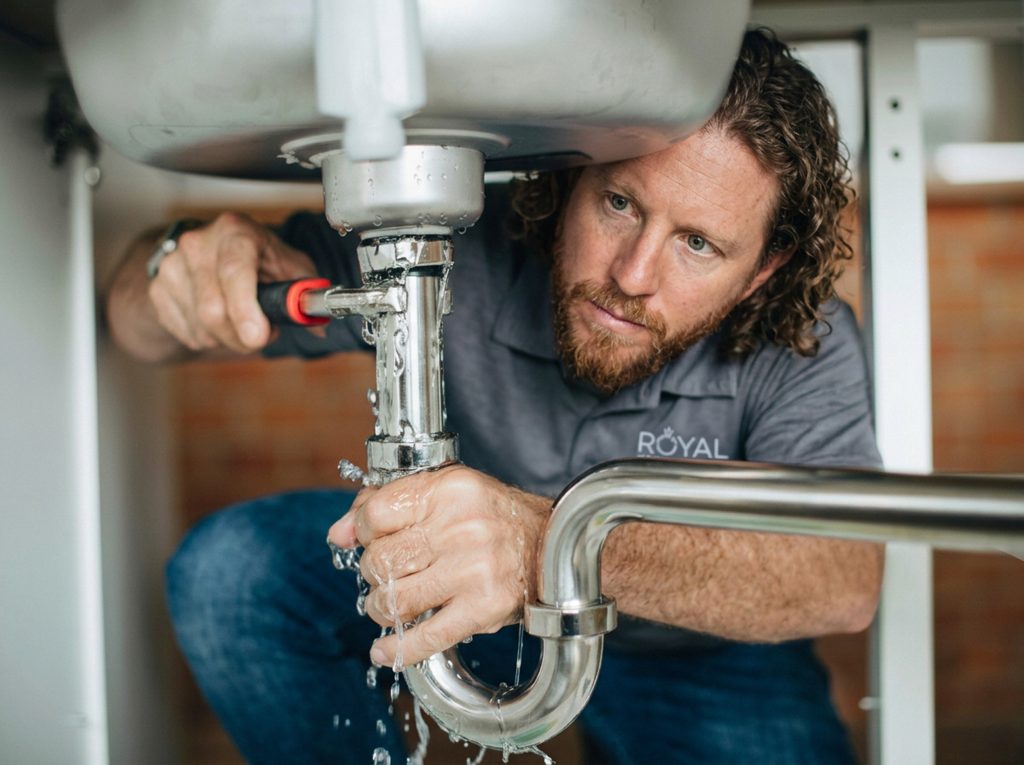Plumber repairing sink plumbing under a kitchen basin, demonstrating emergency plumbing services by Royal T Plumbing in New Westminster, BC.
