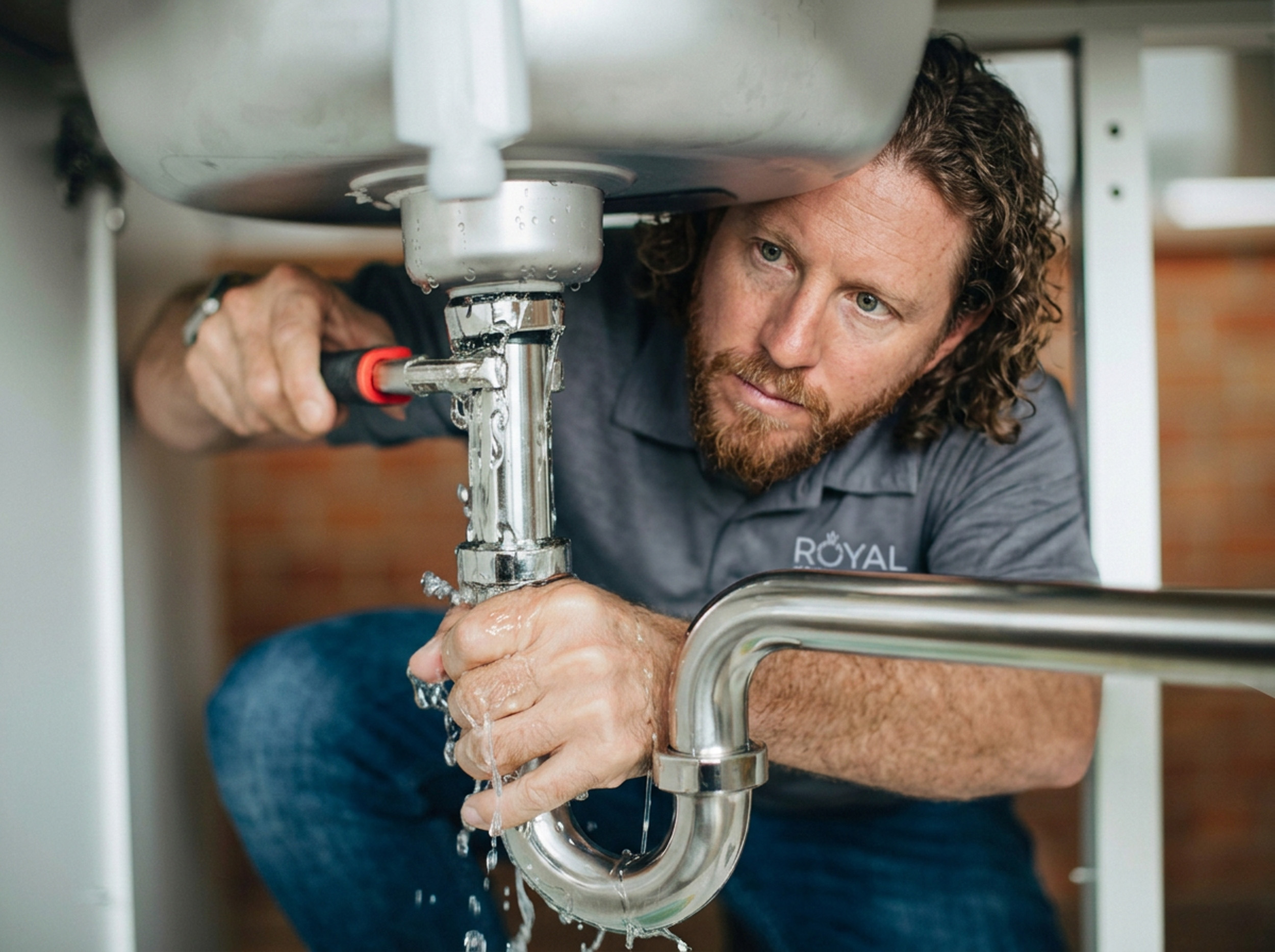Plumber repairing a leaking pipe under a sink, showcasing Royal T Plumbing service expertise.