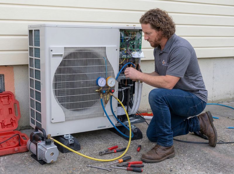 Technician servicing a heat pump, showcasing Royal T Plumbing's expertise in heating solutions for Yaletown homes.