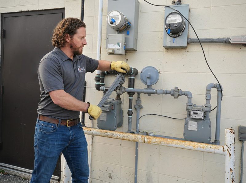 Plumber in safety gloves adjusting gas meter and pipeline, emphasizing Royal T Plumbing's gas fitting services in Surrey, BC.
