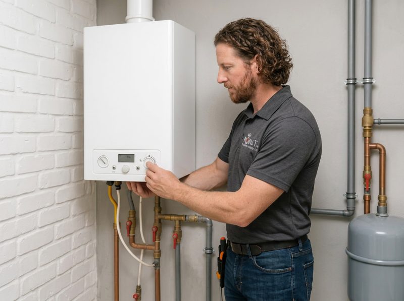 Technician adjusting a heating system in East Vancouver, showcasing Royal T Plumbing Heating and Gas Ltd expertise in plumbing and heating services.