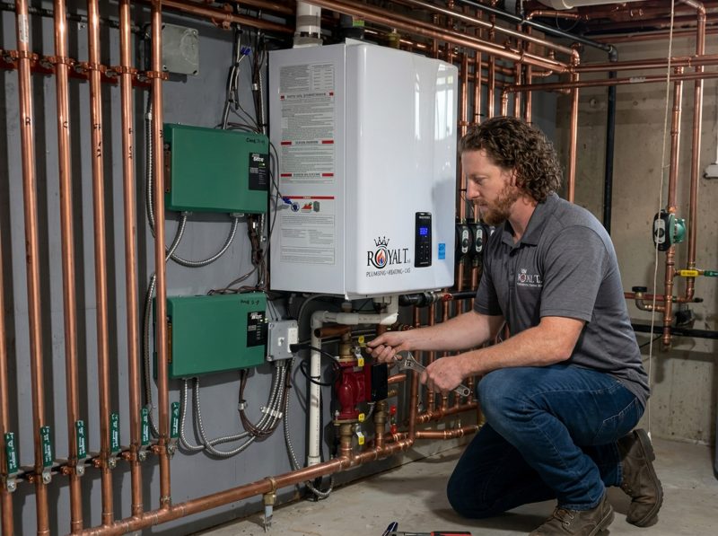 Technician from Royal T Plumbing Heating and Gas Ltd. working on a boiler installation, featuring copper piping and control panels in a residential setting.