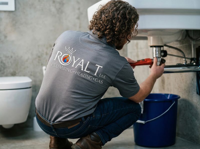 Plumber from Royal T Plumbing Heating and Gas Ltd. performing maintenance under a sink, showcasing emergency plumbing services in a residential setting.