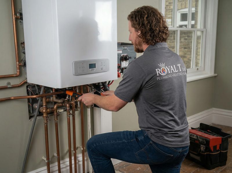 Technician in a Royal T Plumbing shirt performing maintenance on a modern water heater, showcasing plumbing services in a residential setting.
