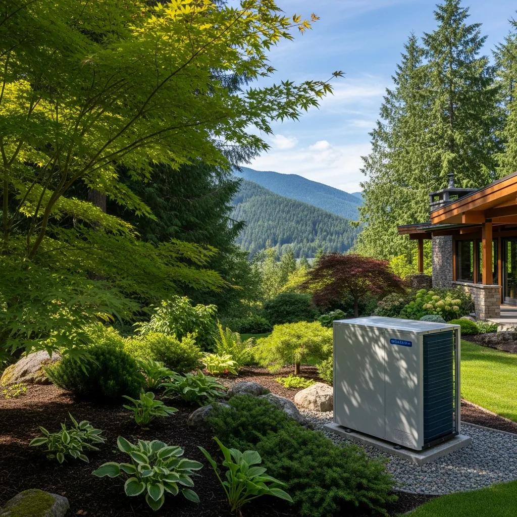 Heat pump installed in a lush garden setting in British Columbia, showcasing energy efficiency and environmental sustainability amidst mountains and greenery.
