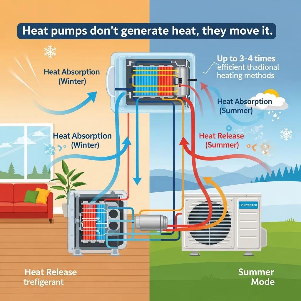 Illustration of a heat pump energy efficiency diagram, showcasing heat transfer processes for winter and summer modes, emphasizing heat absorption and release, with a focus on energy-efficient heating solutions for homes in Vancouver.