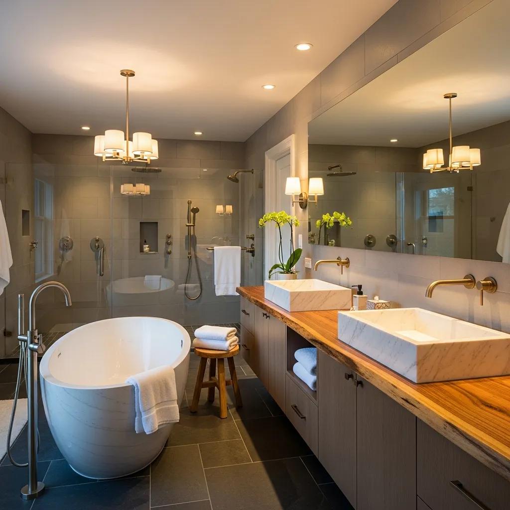 Luxury bathroom featuring a freestanding tub, dual marble sinks, and high-end plumbing fixtures, creating a spa-like atmosphere with modern design elements.