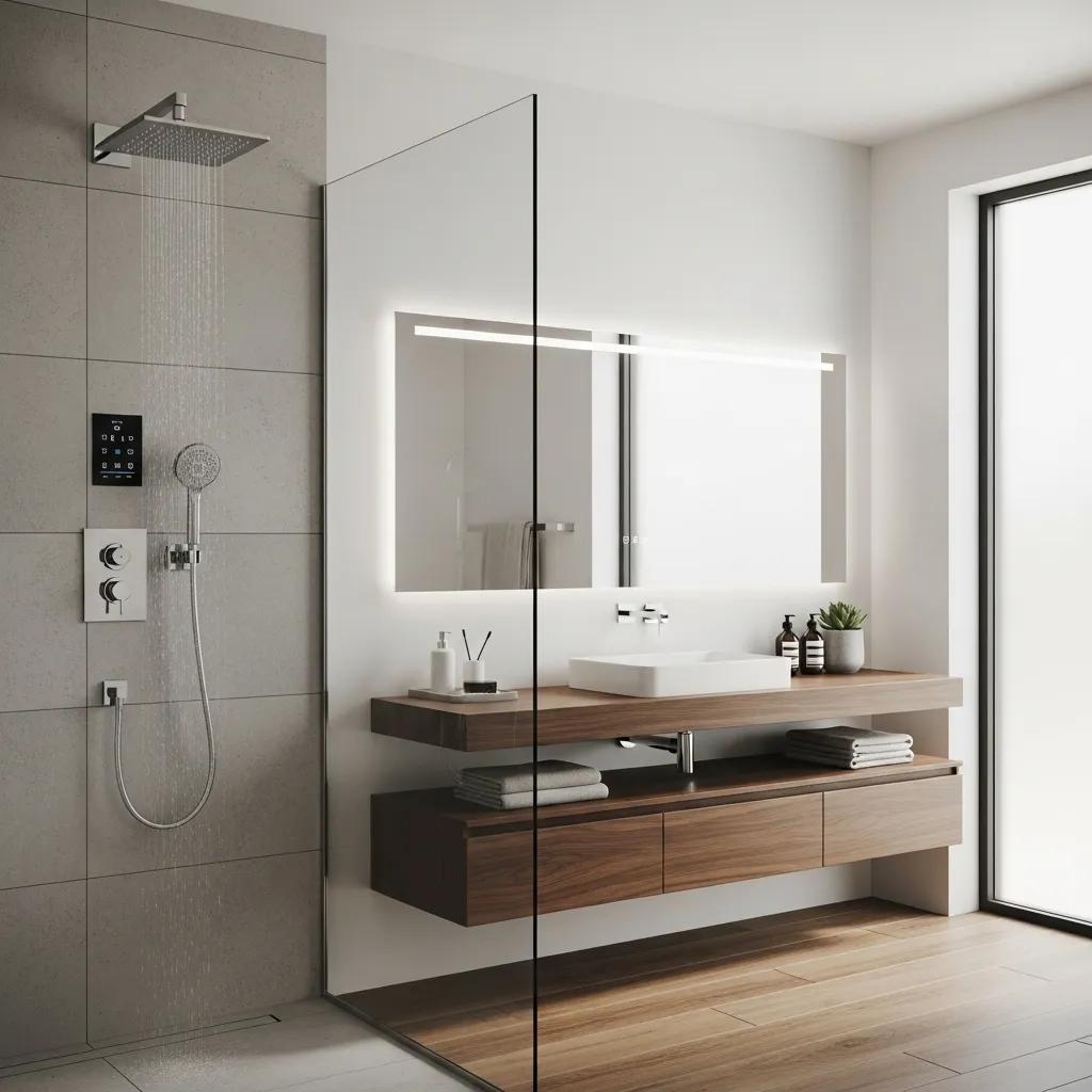 Modern bathroom featuring smart shower technology and custom vanity design
