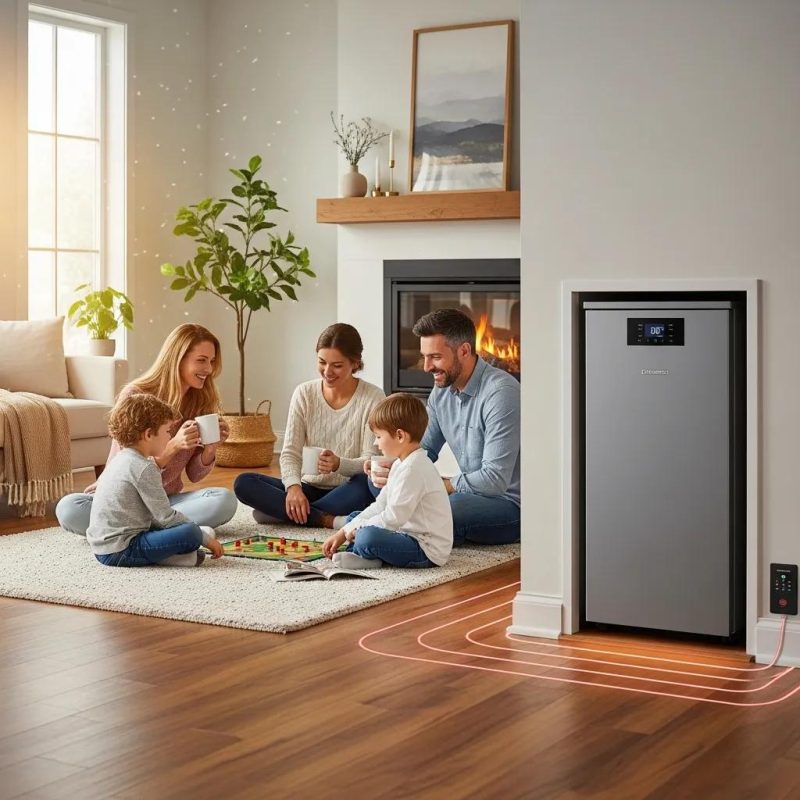 Modern heating installation in a cozy living room, illustrating efficient heating solutions for homes