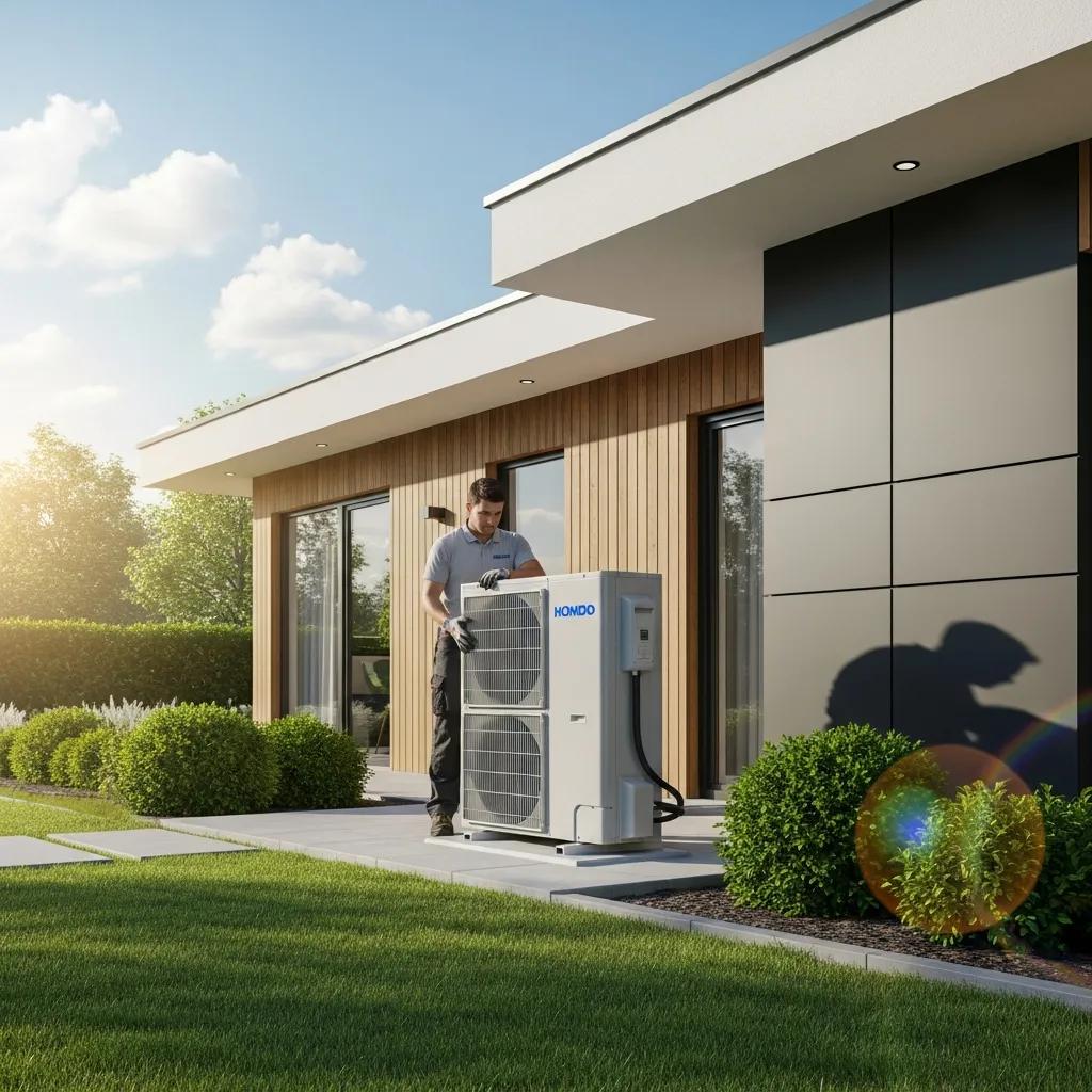 Technician installing a Hondo heat pump unit outside a modern home, emphasizing energy efficiency and sustainable heating solutions in North Vancouver.