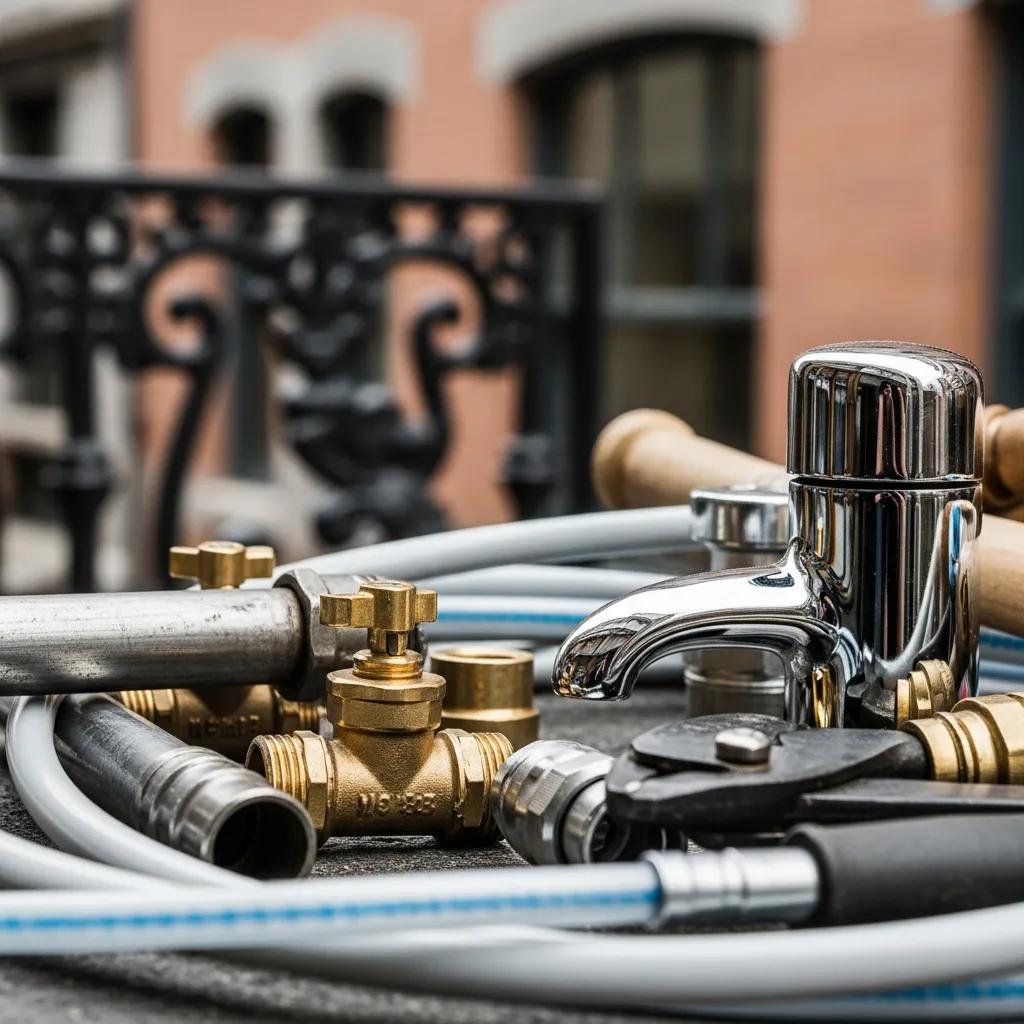 Traditional plumbing materials and tools for heritage building repairs in Gastown, highlighting craftsmanship and preservation